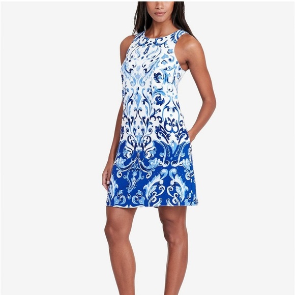 Ralph Lauren Dresses & Skirts - Ralph Lauren White and Blue Damask Sheath Dress Size 8